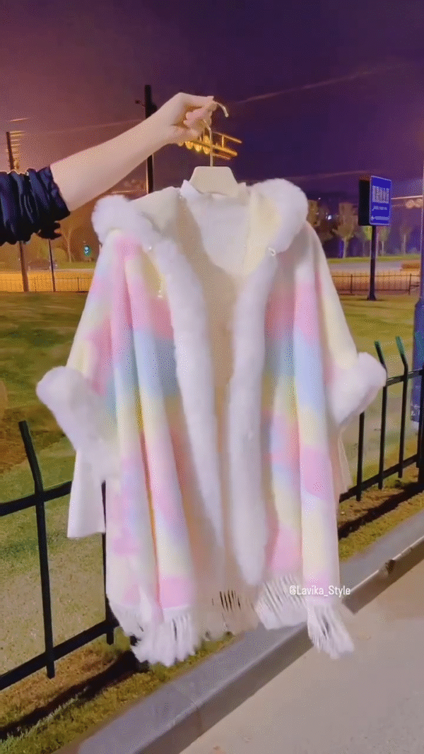 Rainbow Pastel Faux Fur Hooded Winter Cape – Cozy & Chic