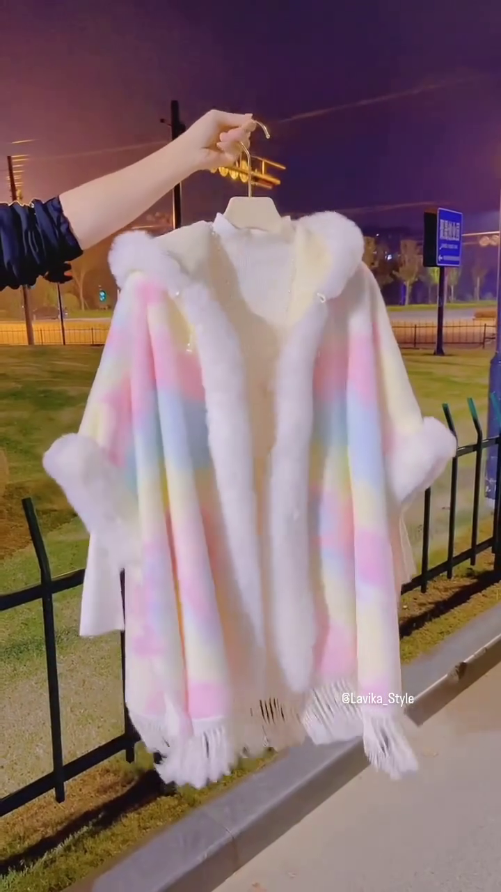 Rainbow Pastel Faux Fur Hooded Winter Cape – Cozy & Chic