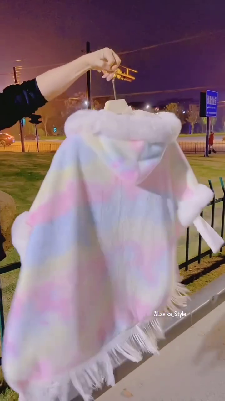 Rainbow Pastel Faux Fur Hooded Winter Cape – Cozy & Chic - Image 4