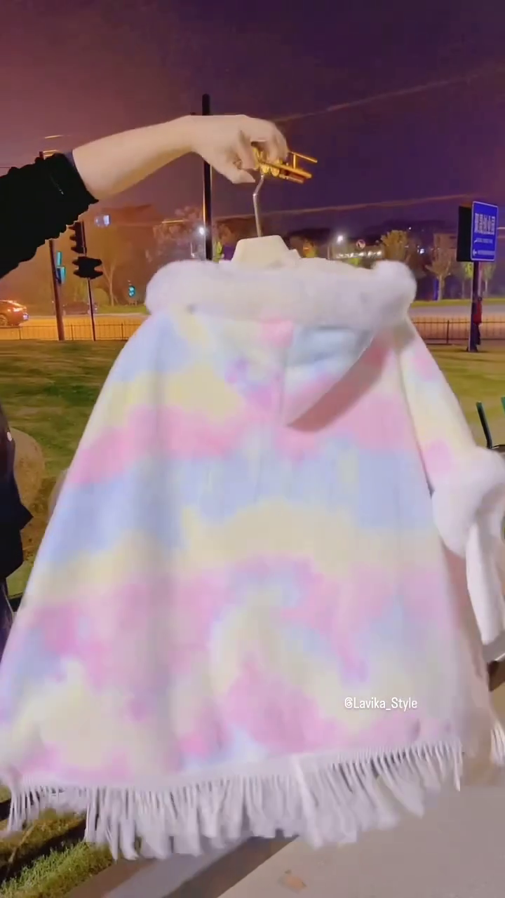 Rainbow Pastel Faux Fur Hooded Winter Cape – Cozy & Chic - Image 2