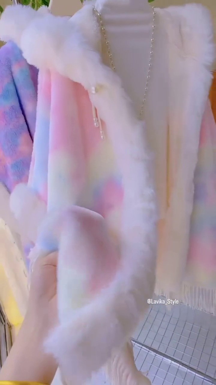 Rainbow Pastel Faux Fur Hooded Winter Cape – Cozy & Chic - Image 3