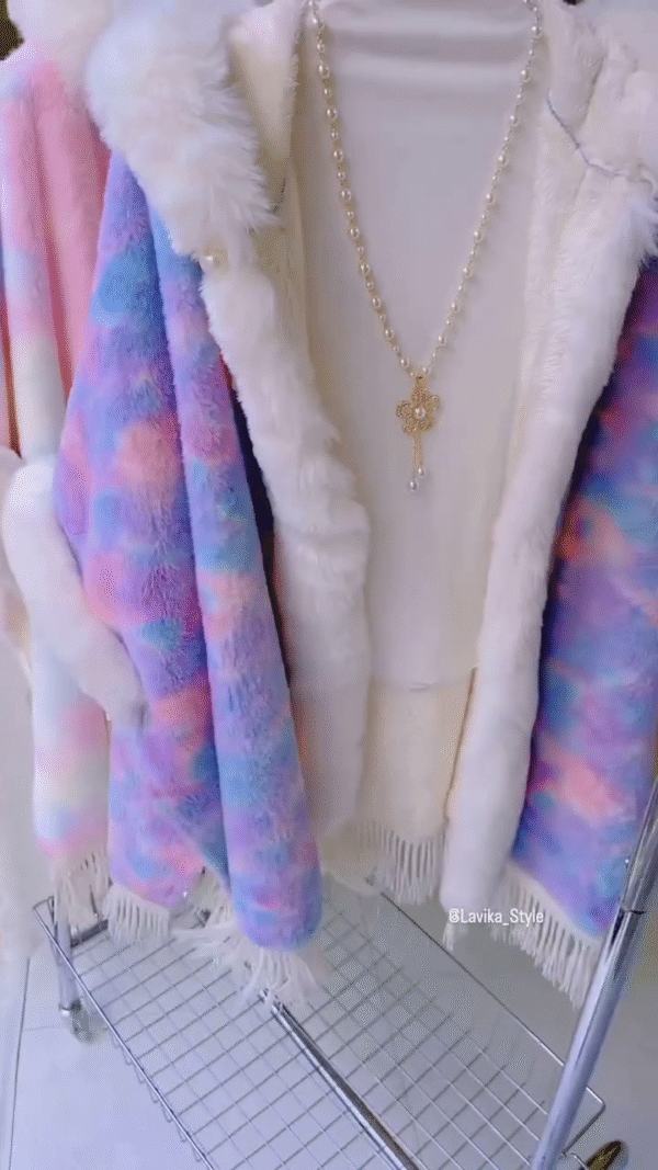 Rainbow Pastel Faux Fur Hooded Winter Cape – Cozy & Chic - Image 5