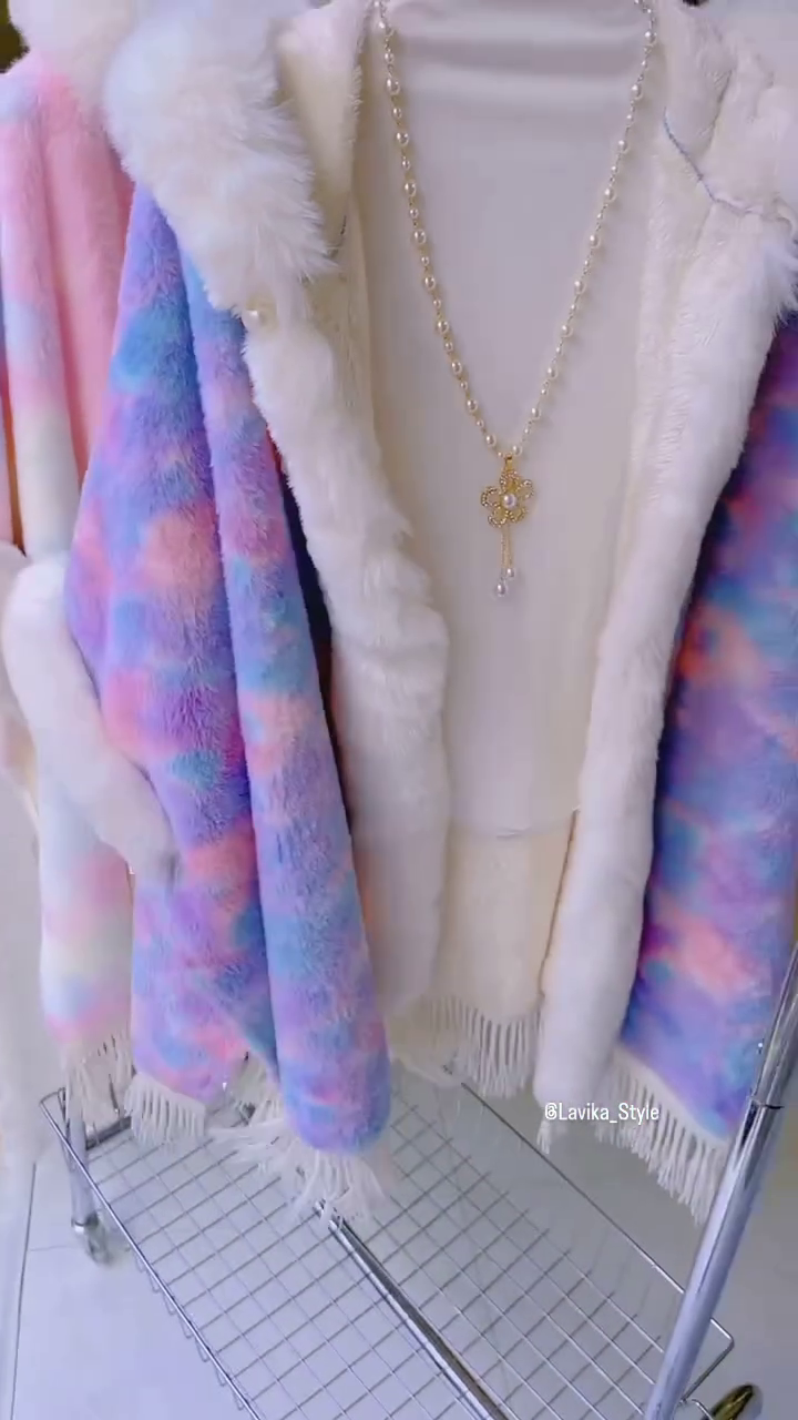 Rainbow Pastel Faux Fur Hooded Winter Cape – Cozy & Chic - Image 5
