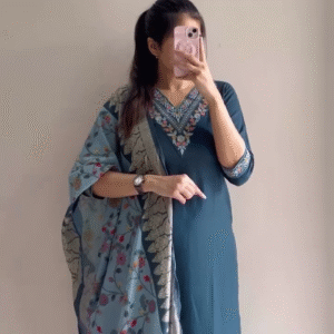 Teal Blue Embroidered Kurta with Printed Dupatta – Elegant Ethnic Charm