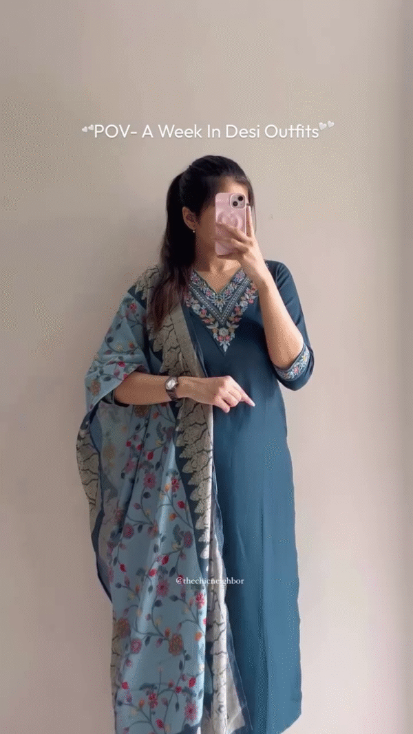 Teal Blue Embroidered Kurta with Printed Dupatta – Elegant Ethnic Charm
