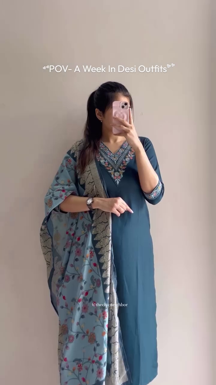 Teal Blue Embroidered Kurta with Printed Dupatta – Elegant Ethnic Charm