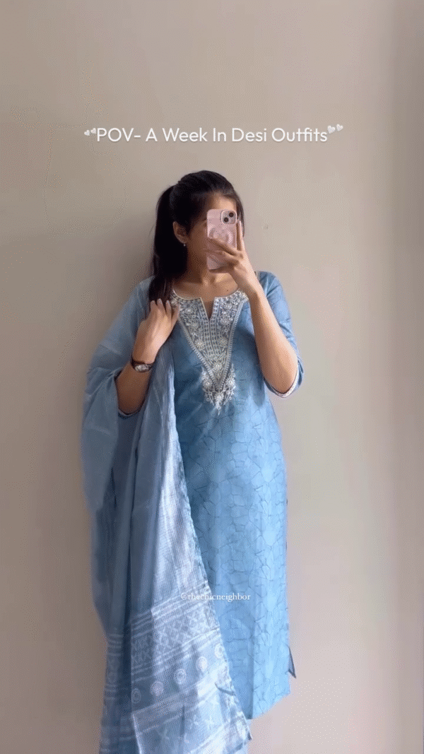 Teal Blue Embroidered Kurta with Printed Dupatta – Elegant Ethnic Charm - Image 3