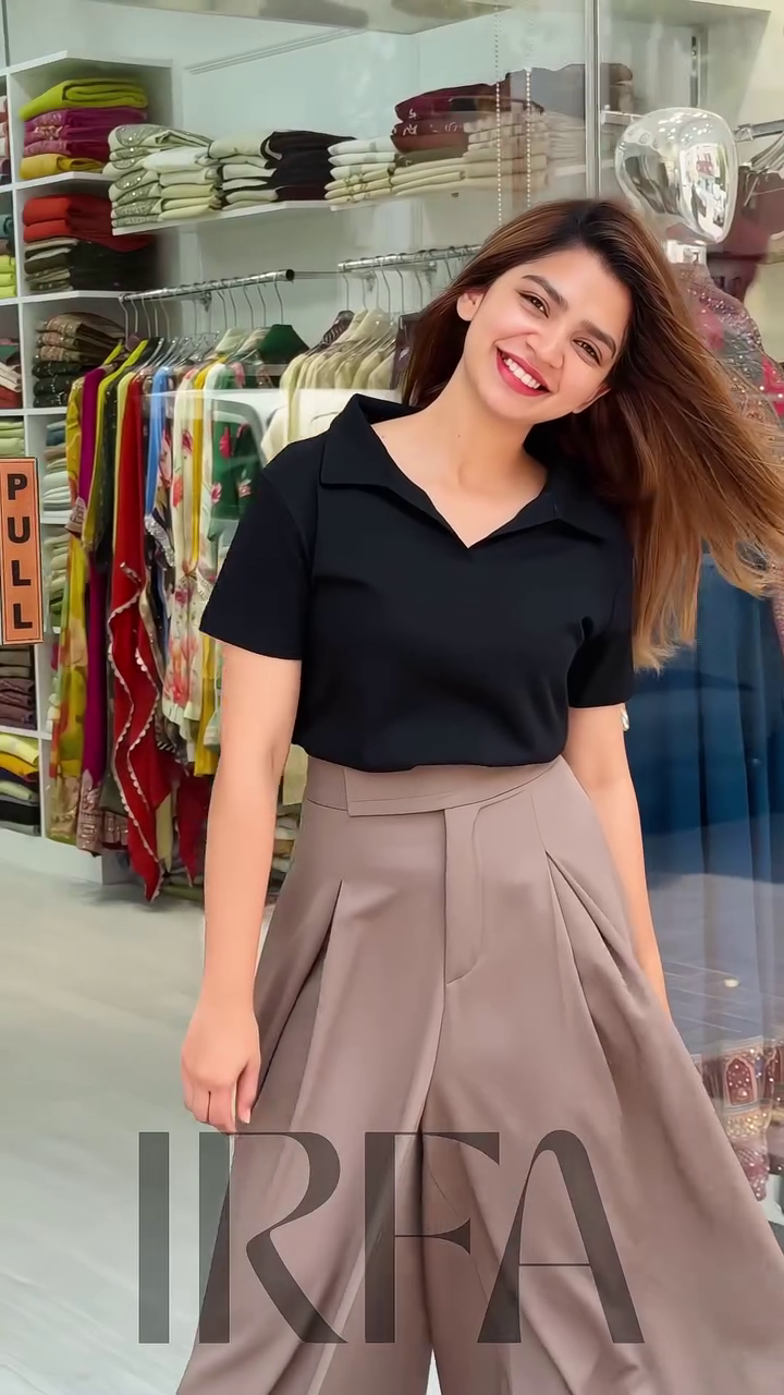 Black Polo Top with High-Waist Wide-Leg Trousers – Effortless Street Chic - Image 3