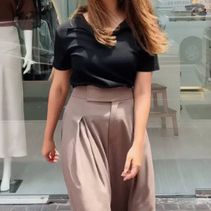 Black Polo Top with High-Waist Wide-Leg Trousers – Effortless Street Chic