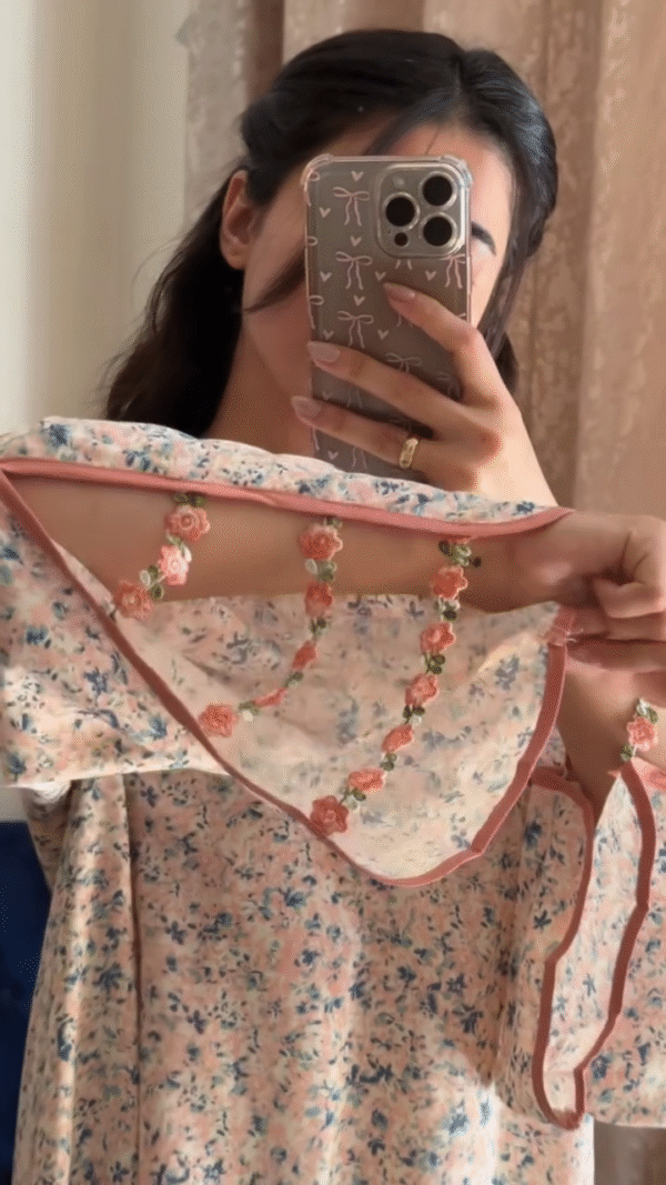 Blush Floral Flared Dress with Delicate Lace & Bead Detailing - Image 2