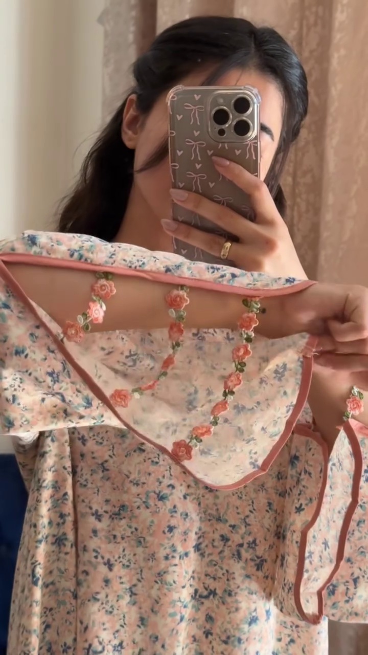 Blush Floral Flared Dress with Delicate Lace & Bead Detailing - Image 2