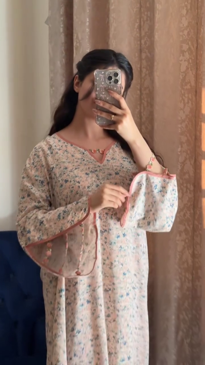 Blush Floral Flared Dress with Delicate Lace & Bead Detailing