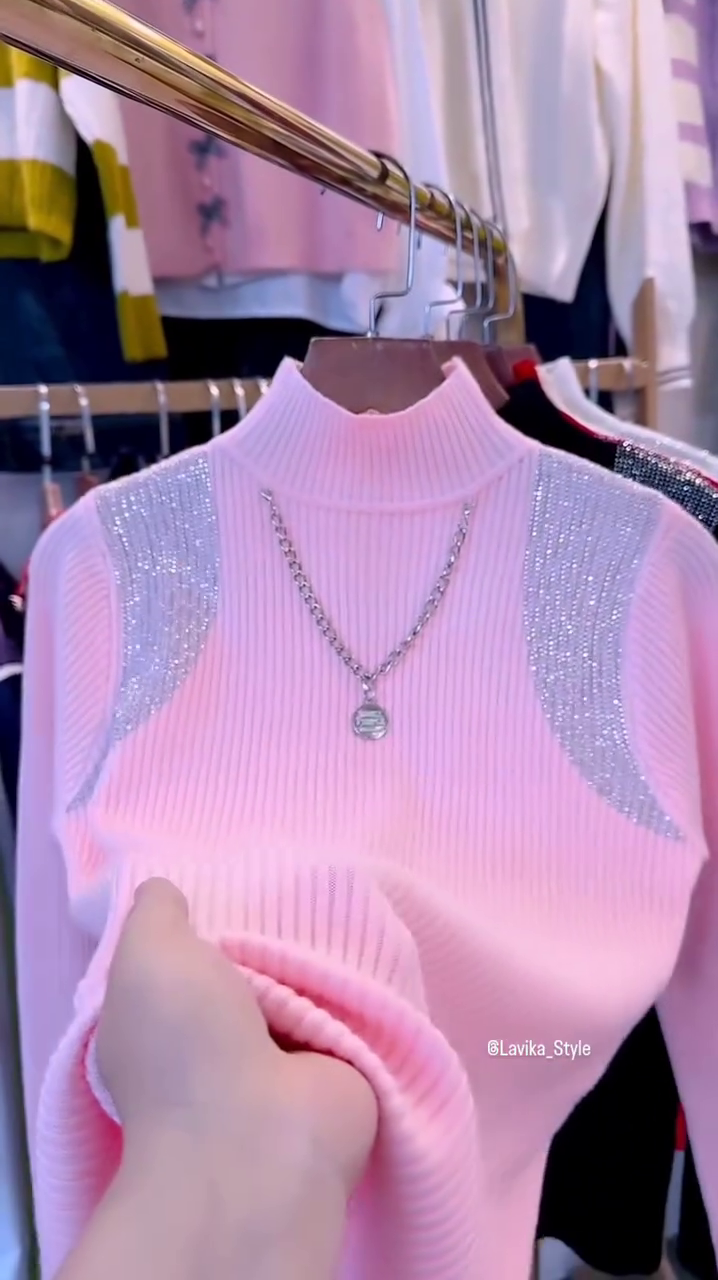 Pink Glam Knit Sweater with Sparkling Shoulder Detail