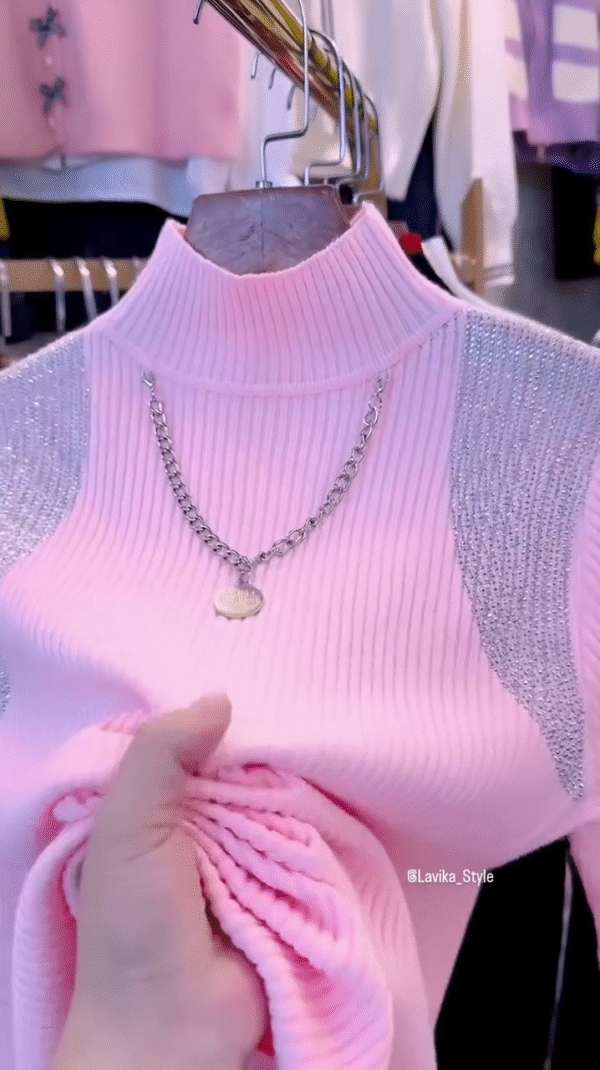 Pink Glam Knit Sweater with Sparkling Shoulder Detail - Image 5