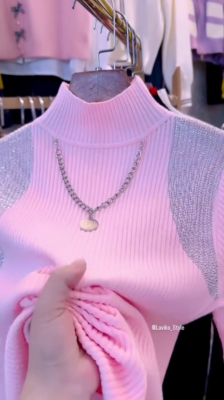 Pink Glam Knit Sweater with Sparkling Shoulder Detail - Image 5