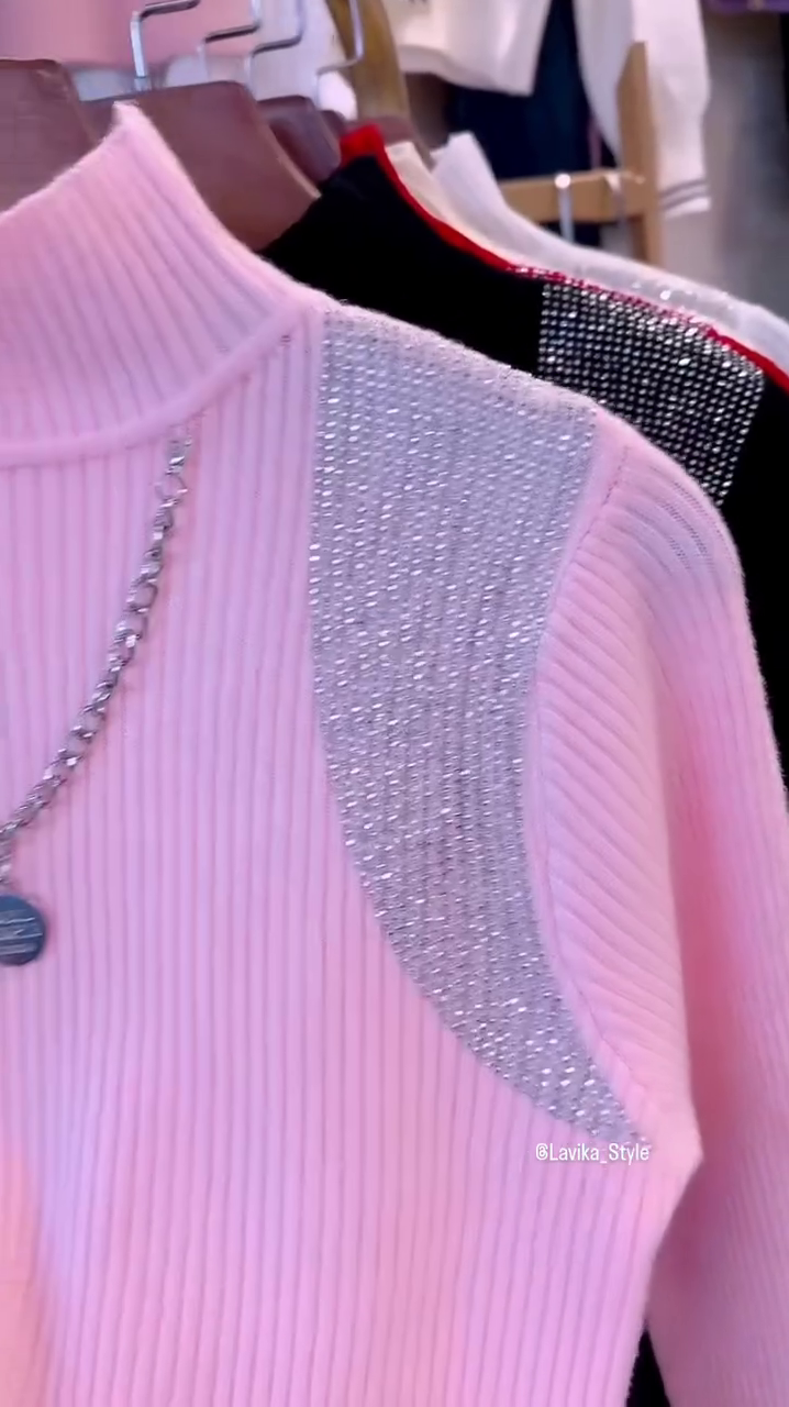 Pink Glam Knit Sweater with Sparkling Shoulder Detail - Image 4