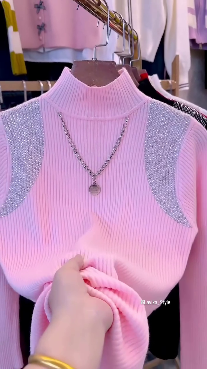 Pink Glam Knit Sweater with Sparkling Shoulder Detail - Image 3